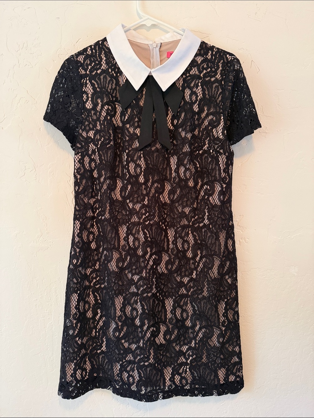 Betsy Johnson Black Lace Shift Dress with White Collar and Bow- Size 12